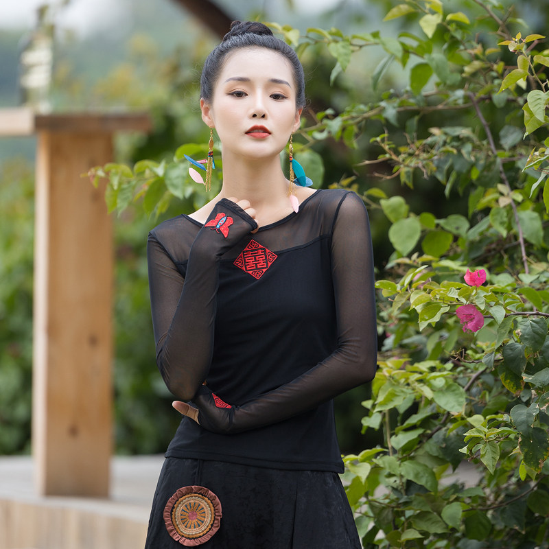 秋装民族风圆领修身手袖绣花高弹网纱打底衫上衣 百搭长袖T恤女