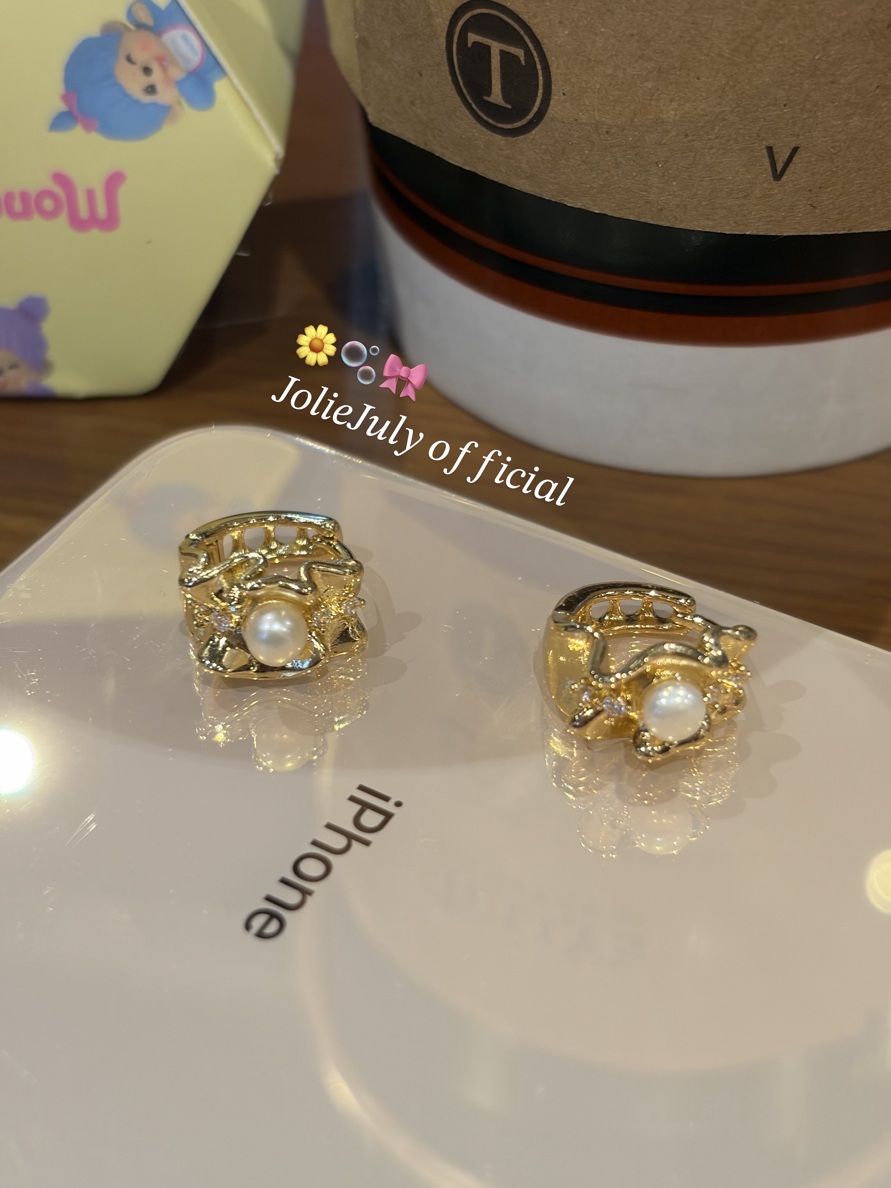 JolieJuly韩国正品 精致款金色花边钻石珍珠耳钉耳环防敏针