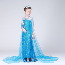 女童生日礼服长袖演出服冰雪奇缘迪士倪公主裙女童艾莎cos拖尾裙