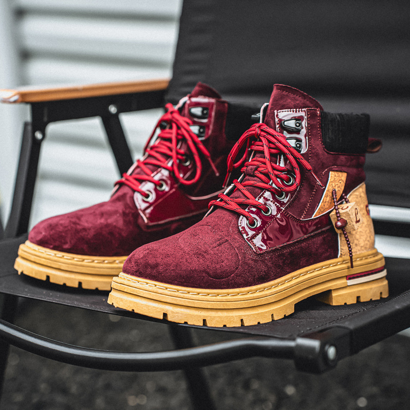2025秋季新款潮流酒红色男鞋时尚马丁鞋复古户外工装板鞋高帮潮鞋
