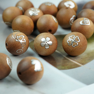 老山檀香木镶银爱心四象如意四叶草散珠手链配珠耳项饰品配件配饰