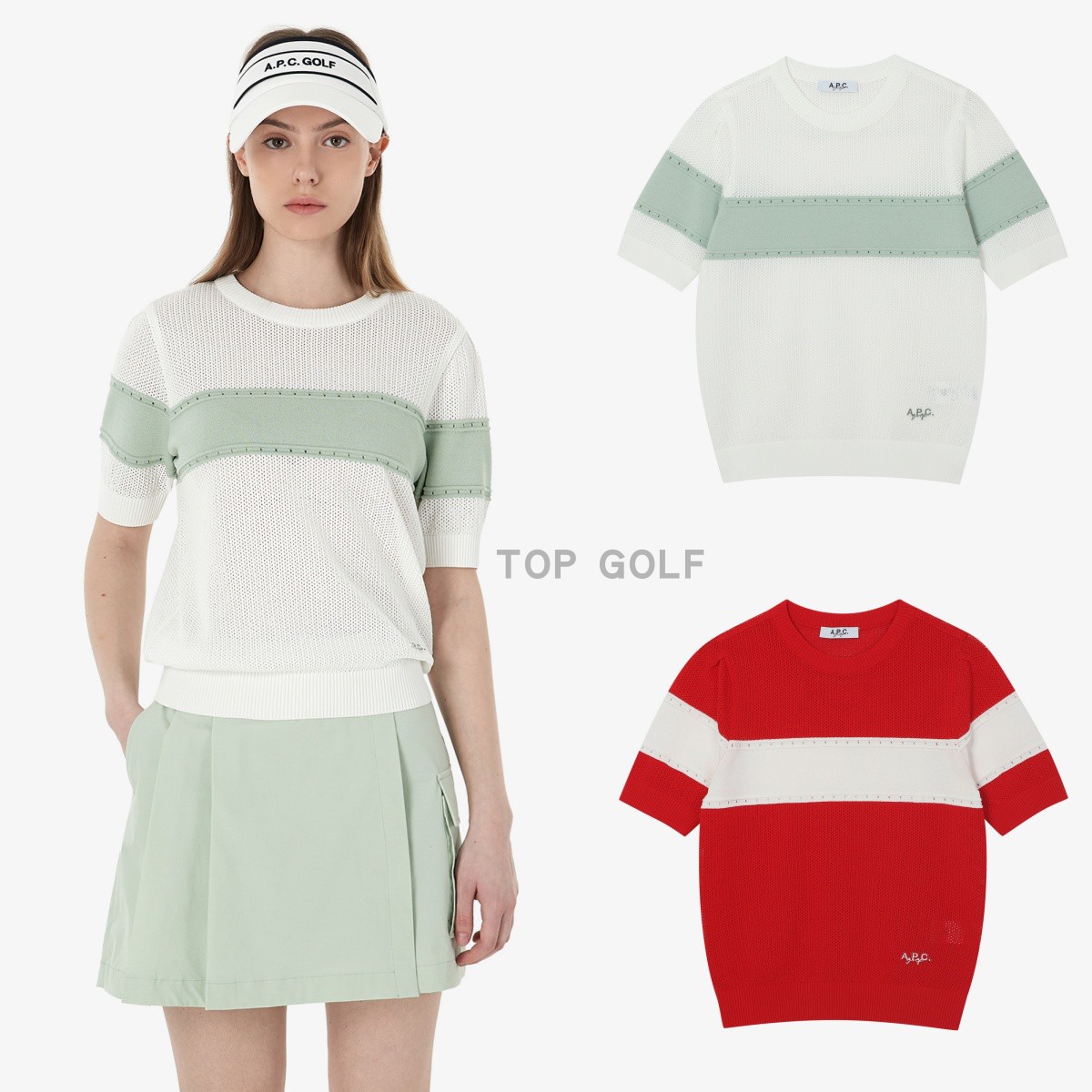 韩国代购APC GOLF高尔夫女装 25夏女圆领条纹凉感宽松针织短袖T恤