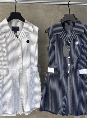 韩国代购G/FORE高尔夫服饰25秋女条纹图案系扣收腰休闲无袖连衣裤