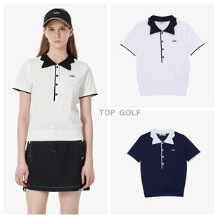 韩国代购APC GOLF高尔夫上衣 26夏女花瓣翻领纽扣撞色针织短袖T恤