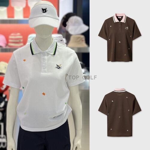 韩国代购 WAAC 高尔夫服装 26夏女翻领配色小恶魔图案针织短袖T恤
