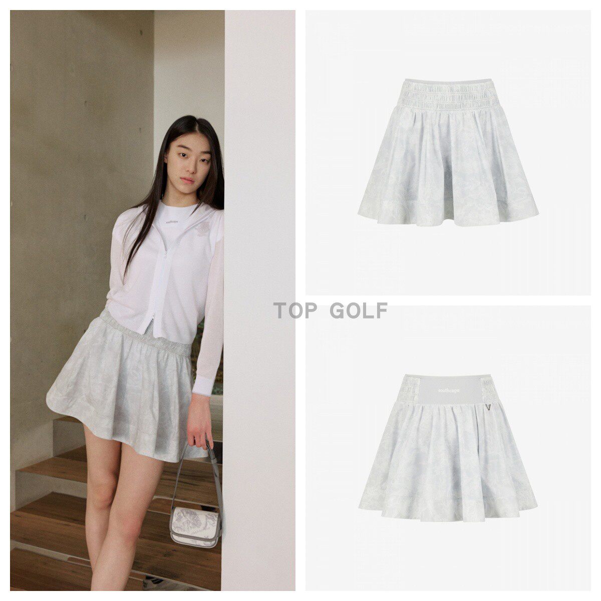 SOUTHCAPE 韩国代购SC高尔夫服装26夏女松紧腰侧拉链印花喇叭短裙