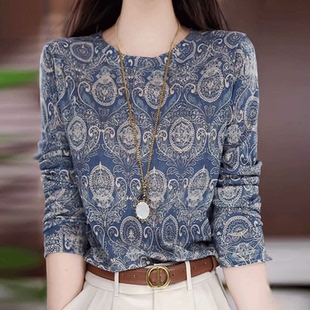 T恤圆领打底衫 女士长袖 宽松显瘦百搭休闲上衣减龄12 新款 2025秋季