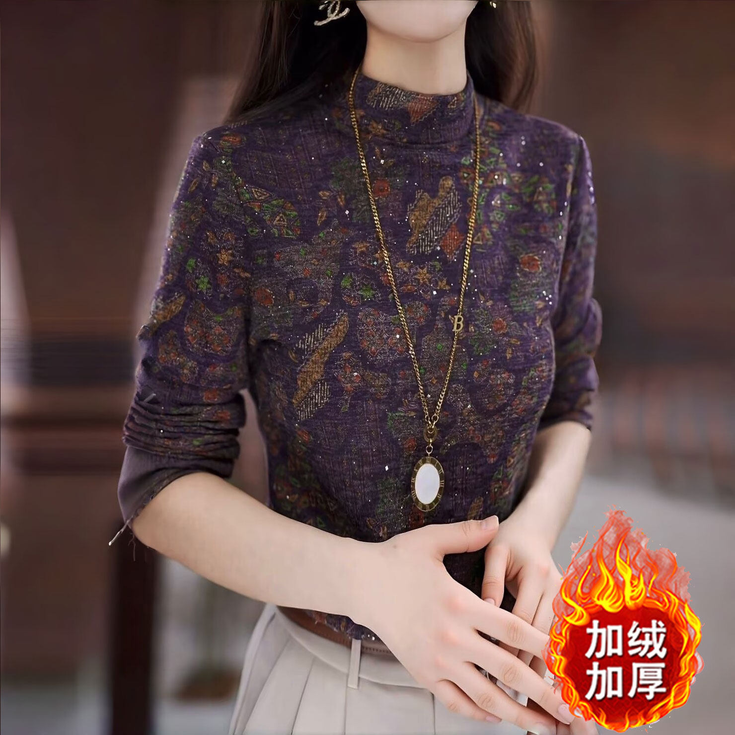 冬季半高领加绒加厚长袖T恤女