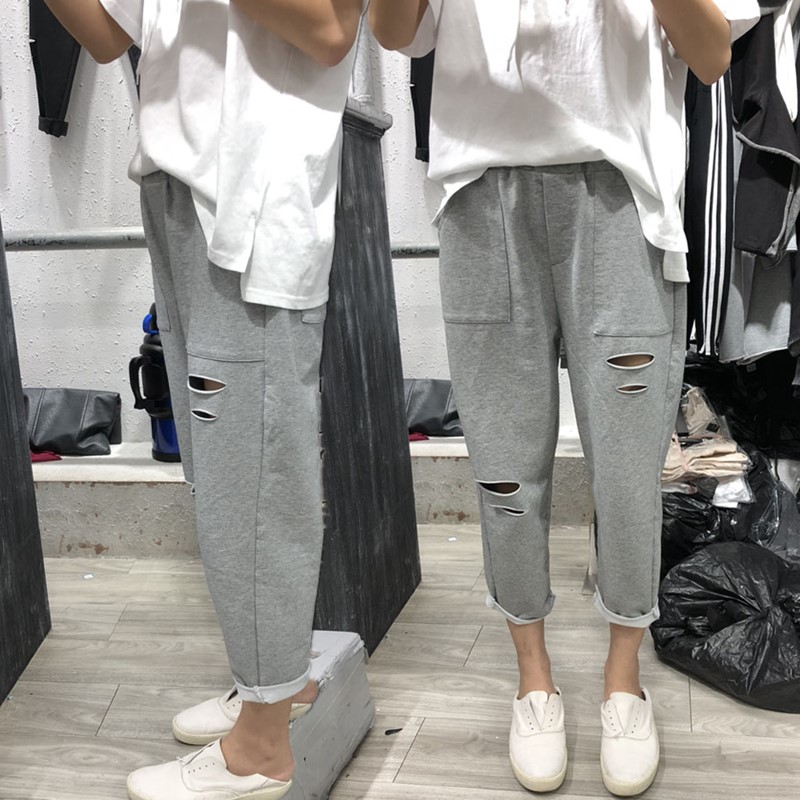 Hip and thigh bulky pants fashion hole pants women's loose wide leg pants show thin casual straight pants