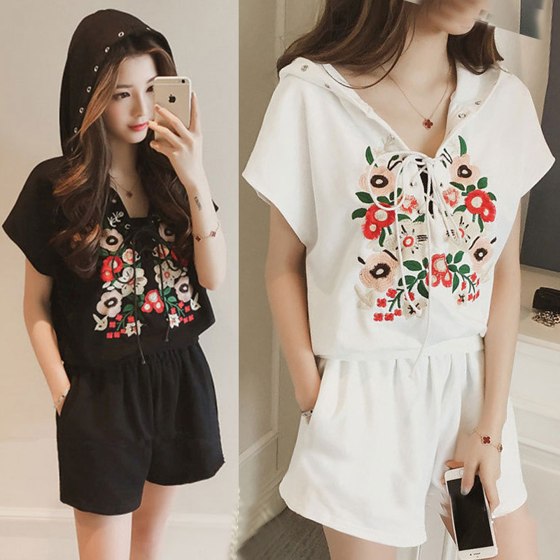 2021 new summer fashion large size women's wear Korean version loose and slim casual hooded two piece shorts suit women's wear