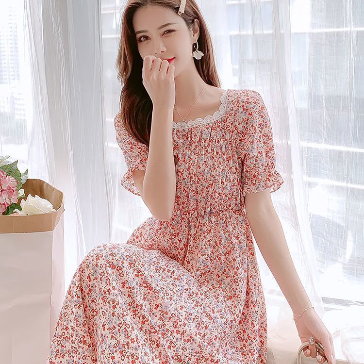 Chiffon floral short sleeve dress women's 2021 summer new style square neck, gently close waist and show thin medium long skirt