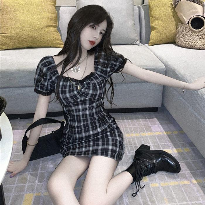 Retro Korean foam sleeve mesh Plaid Dress women's summer new style Hepburn waist A-line skirt