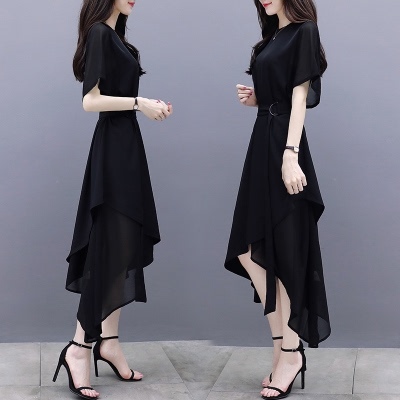 2021 summer women's new dress women's short sleeve irregular Celebrity Black Chiffon slim dress