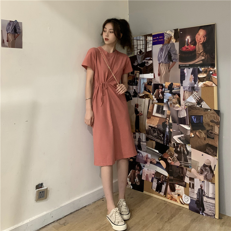 Summer Korean version 2021 new waist slim mid long casual base short sleeve dress children's trendy cotton
