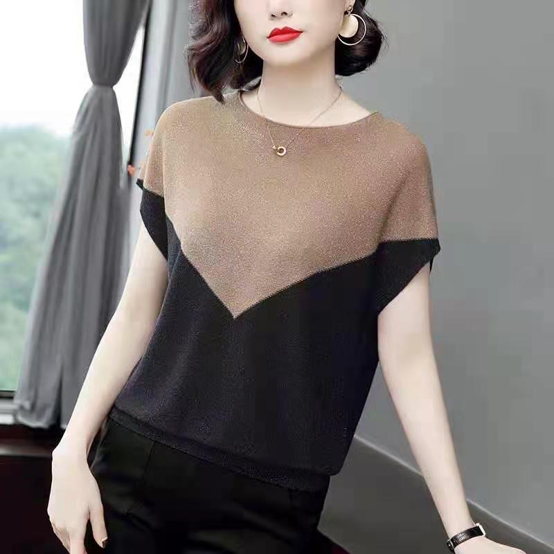 T-shirt bright silk contrast stitching bat sleeve large loose Korean T-shirt breathable thin women's belly covering shirt