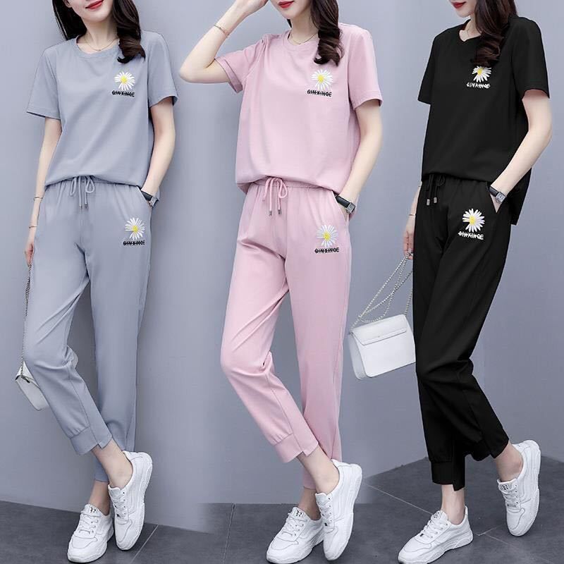 Little Daisy embroidery suit women's fashion net red summer sports large student T-shirt casual pants two piece set