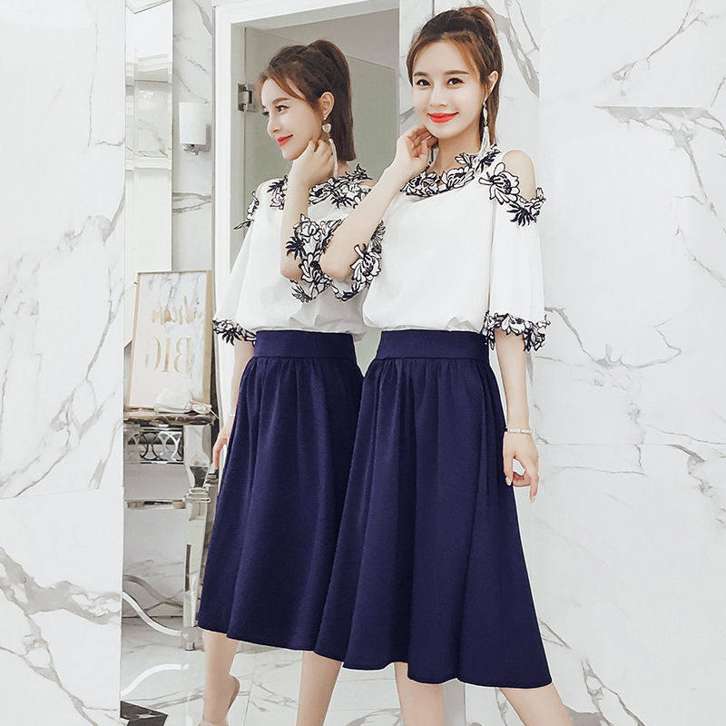 One piece / suit women's skirt summer new loose and thin style top + Half A-line skirt Chiffon two piece set