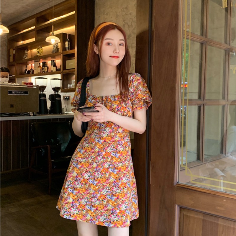 2021 summer new French temperament oil painting retro floral dress