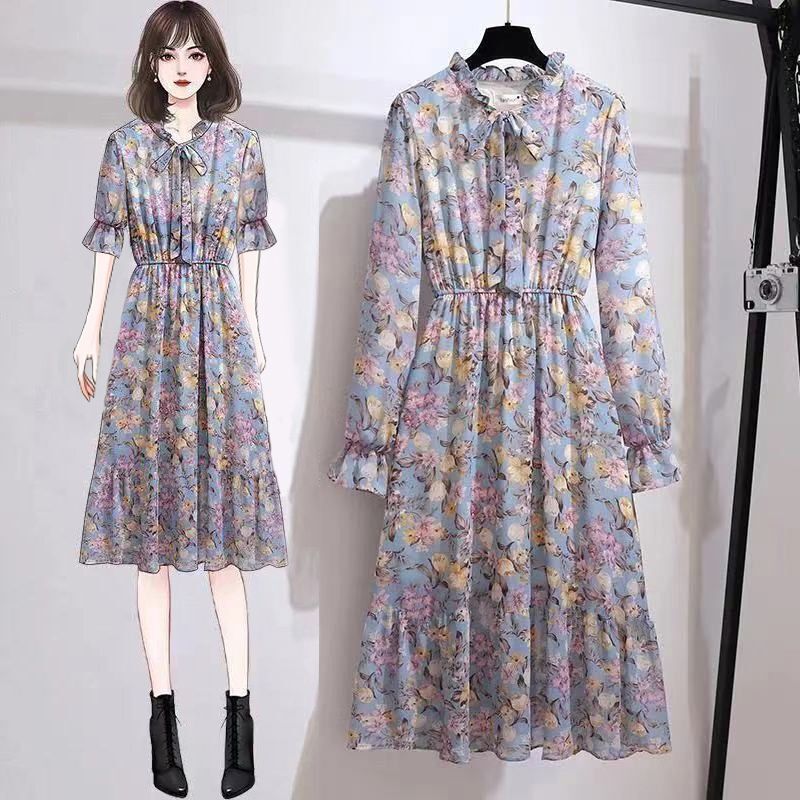 Large size women's 2021 early spring new fat sister Korean thin medium length Chiffon Dress