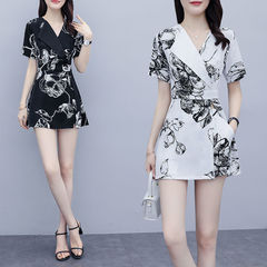 2021 summer new air goddess print suit collar dress wide leg shorts two piece set