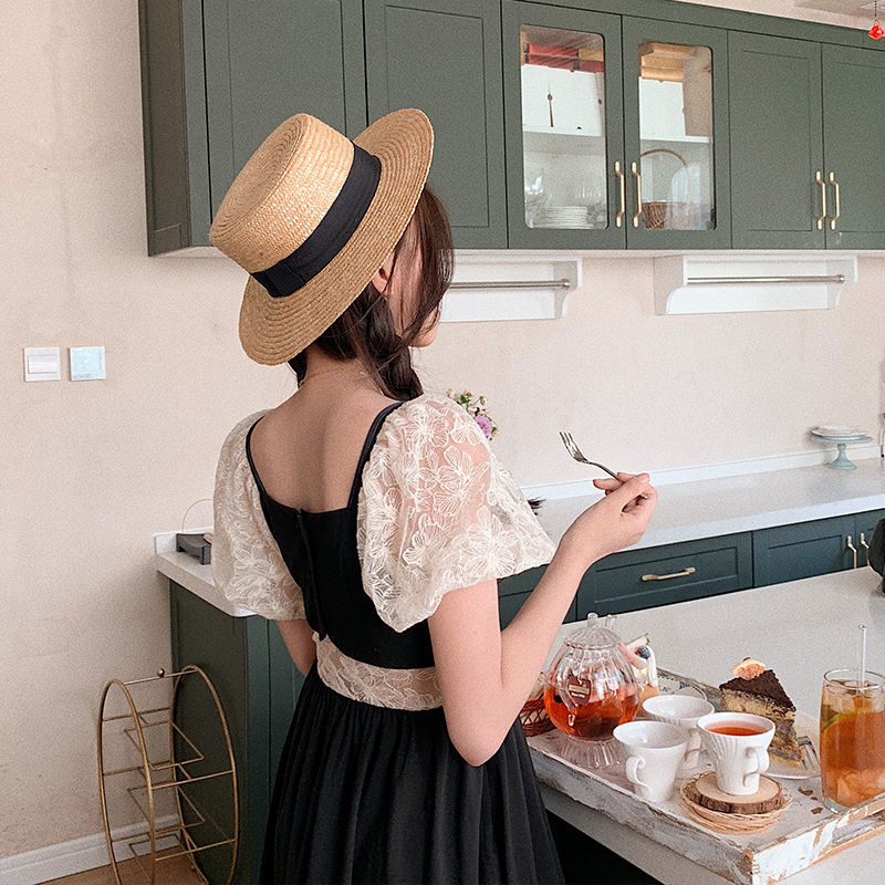 Hepburn style black long skirt summer big size fat mm super fairy French retro waist slim Mori dress