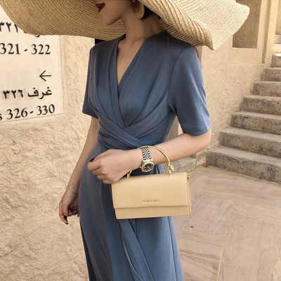French retro V-neck Hepburn style knee length skirt with slim waist and Platycodon grandiflorum V-neck dress women's summer