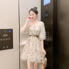 2021 new advanced French air mesh embroidery Square Collar super fairy sweet dress