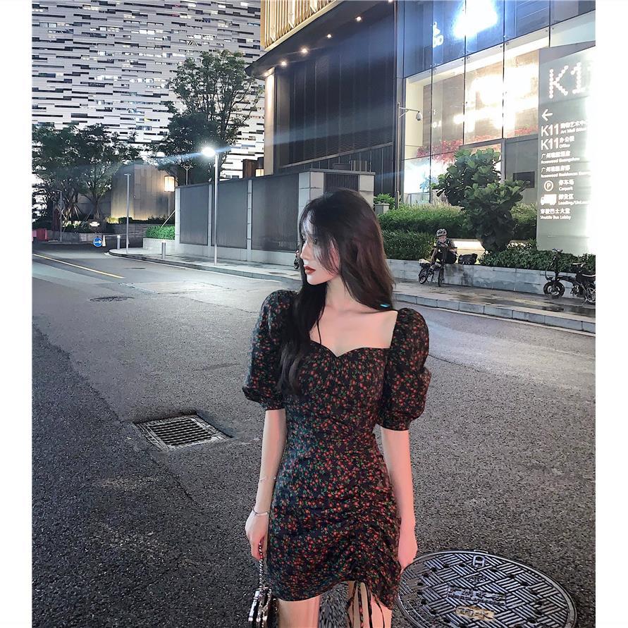 Hong Kong style retro foam sleeve square neck floral dress women's summer 2021 new air pleated drawstring hip skirt