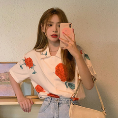Retro flower short sleeve shirt women's sense of design niche new Korean loose thin versatile casual top fashion
