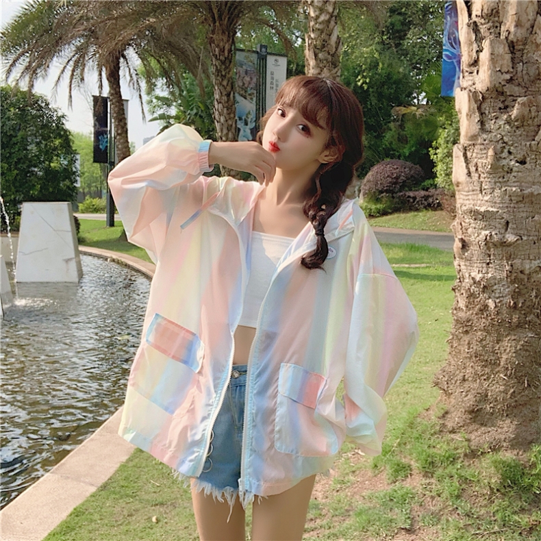 2021 new thin summer rainbow gradual change hooded sunscreen clothes fairy cardigan coat Long Sleeve UV protection breathable