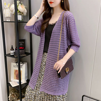 Hollowed out knitwear women's autumn dress medium length loose cardigan women's thin large size with air conditioner shawl