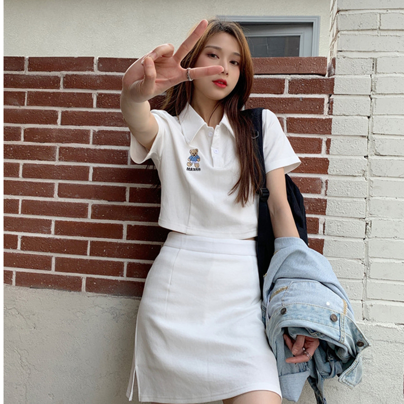 Bear t-shirt female 2021 new summer short sleeve high waist open navel short polo collar sweet spicy suit female