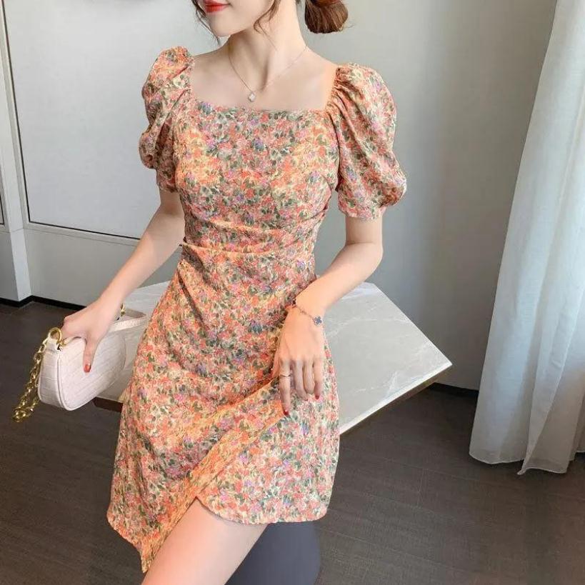 Summer new French foam sleeve square neck floral dress for women