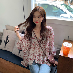 Spring and autumn 2021 new small fresh floral V-neck loose bubble sleeve baby shirt western style long sleeve women's wear