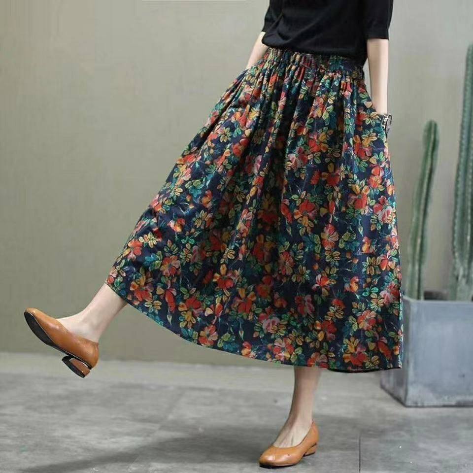 Floral Cotton hemp skirt summer 2021 new high waist slim A-line elastic waist retro printed medium length skirt