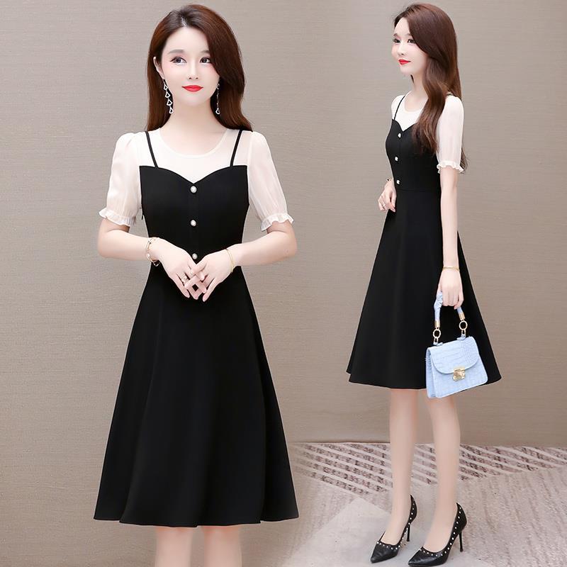 New summer dress women's 2021 Hepburn wind fake two Chiffon splicing small slim black skirt