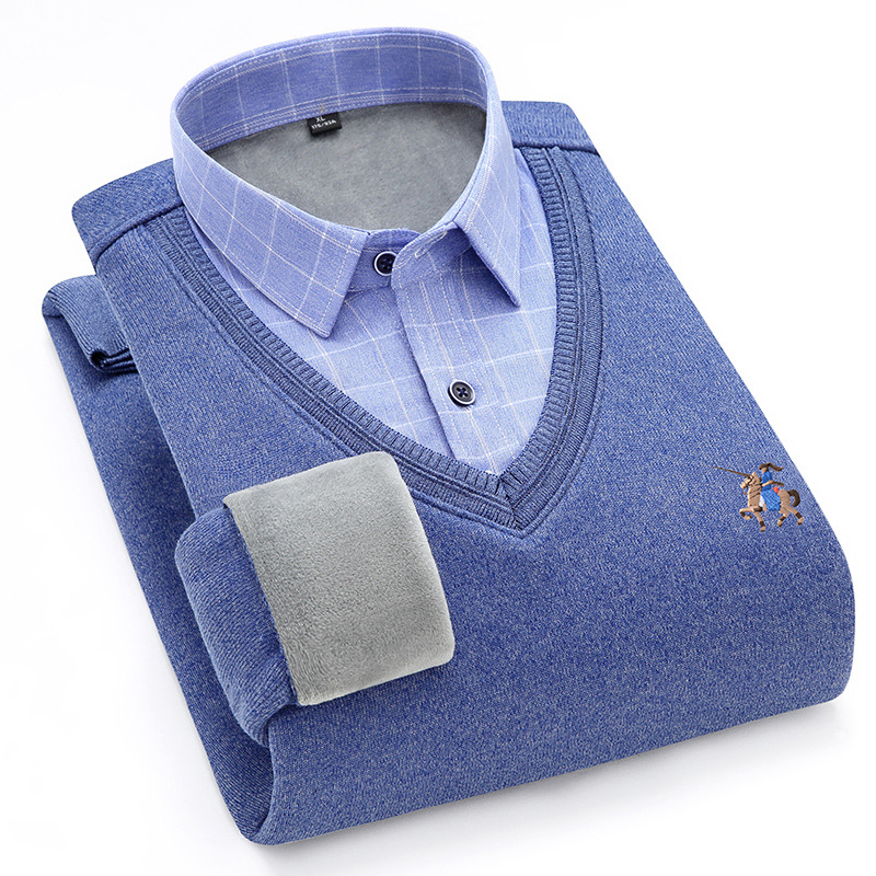 中年男士加绒加厚衬衫领假两件刺绣针织衫打底秋冬季套头毛衣外穿