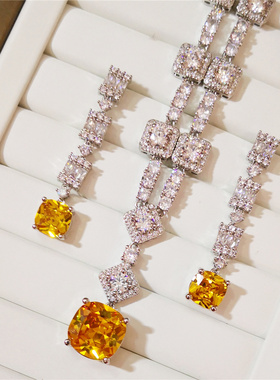欧美奢华微镶锆石黄方块精致气质婚纱宴会新娘耳环项链套装超闪女