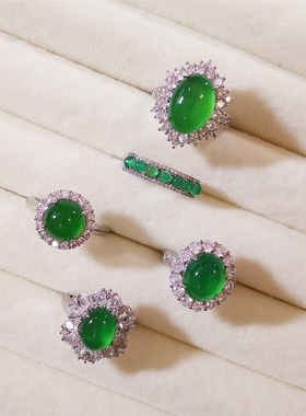 法式宫廷复古气质开口戒指绿玉髓微镶锆石椭圆蛋面排戒女花形冰透