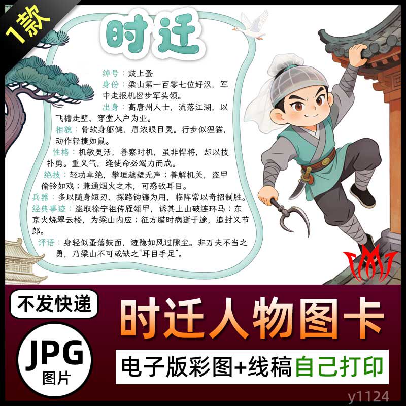 水浒传鼓上蚤时迁人物介绍图卡手抄报图片电子小报黑白线稿电子版