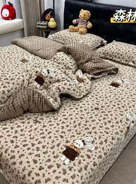 冬季加厚牛奶绒床盖四件套豆豆绒被套双人加绒保暖炕盖床罩抗静电