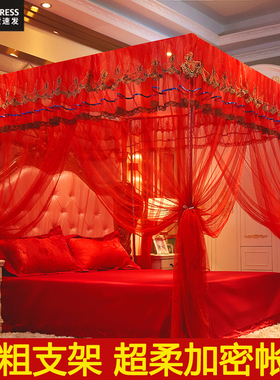 2025新款蚊帐结婚家用红色宫廷落地婚房床幔加密单纹帐公主风帐子