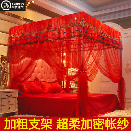 2025新款蚊帐结婚家用红色宫廷落地婚房床幔加密单纹帐公主风帐子