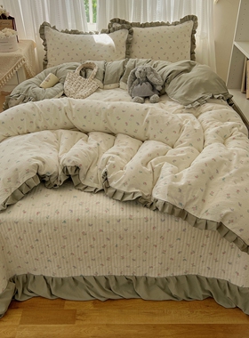 新款法式云感镂空全棉刺绣花边被套水洗亚麻床盖四件套四季通用