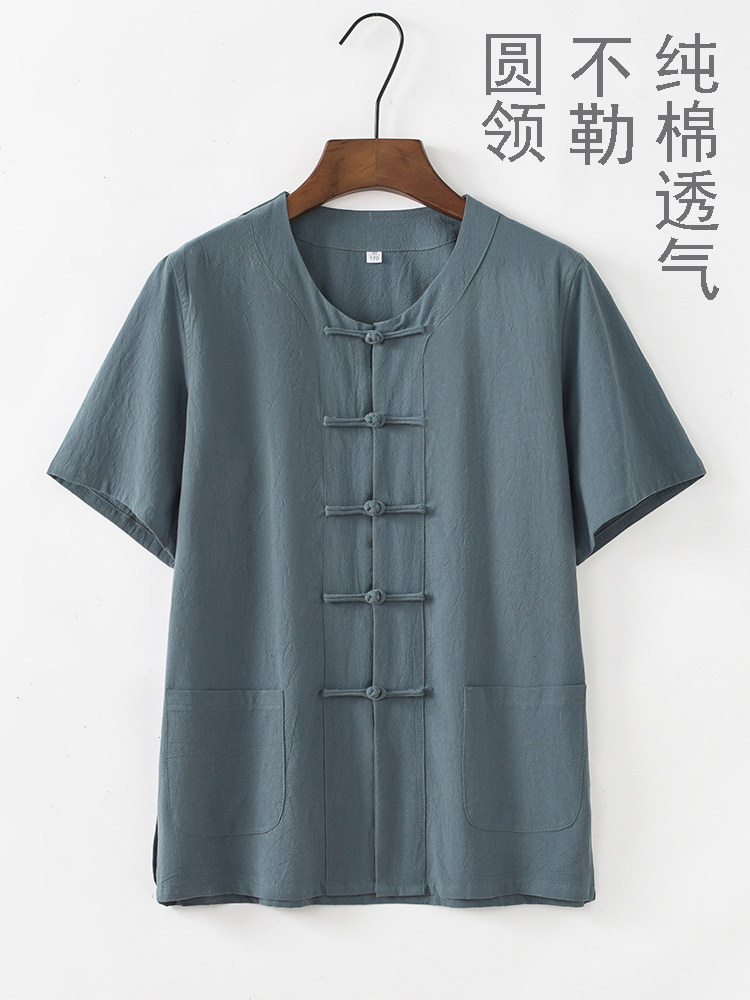 CHINESE STYLE TANG COSTUME SHORT SLEEVE MENS CHINESE STYLE THIN COTTON COLLARLESS LOOSE HALF-SLEEVED HANFU LAY CLOTHES RETRO DAD CLOTHES