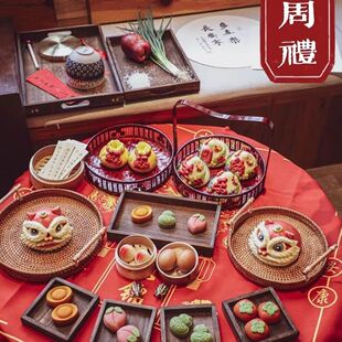 周岁馒头托盘抓周布置中式花馍馍醒狮糕点心宝宝生日花饽饽木摆盘