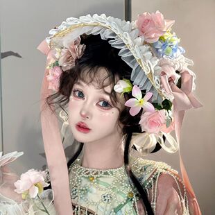 洛丽塔汉洋折衷扁帽lolita草帽波奈特BNT搭lolita蕾丝蝴蝶结草帽