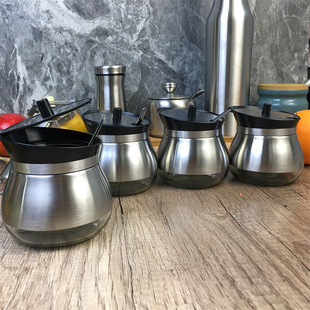 不锈钢套皮调味罐玻璃辣椒罐餐厅辣椒酱罐盐罐酱料瓶带盖果酱罐