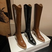 显腿长 真皮尖头V口粗跟高跟长筒靴女骑士靴欧美气质大码 靴子41