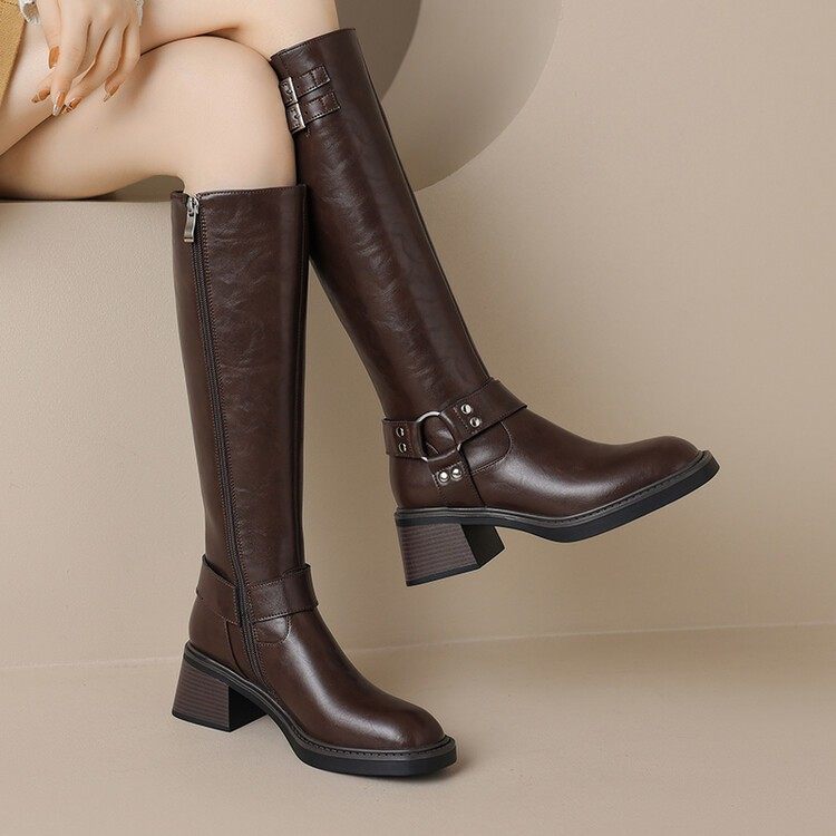 全拉链真皮高跟长筒靴女2025新款厚底不过膝骑士靴秋冬粗跟长靴